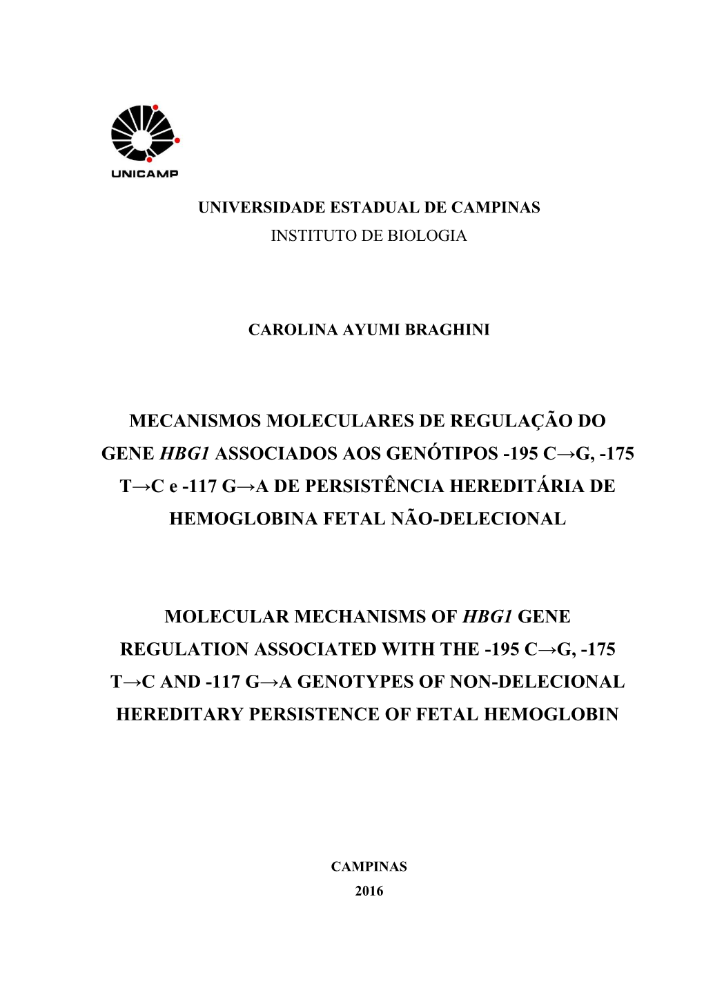 Mecanismos Moleculares De Regulação Do Gene Hbg1