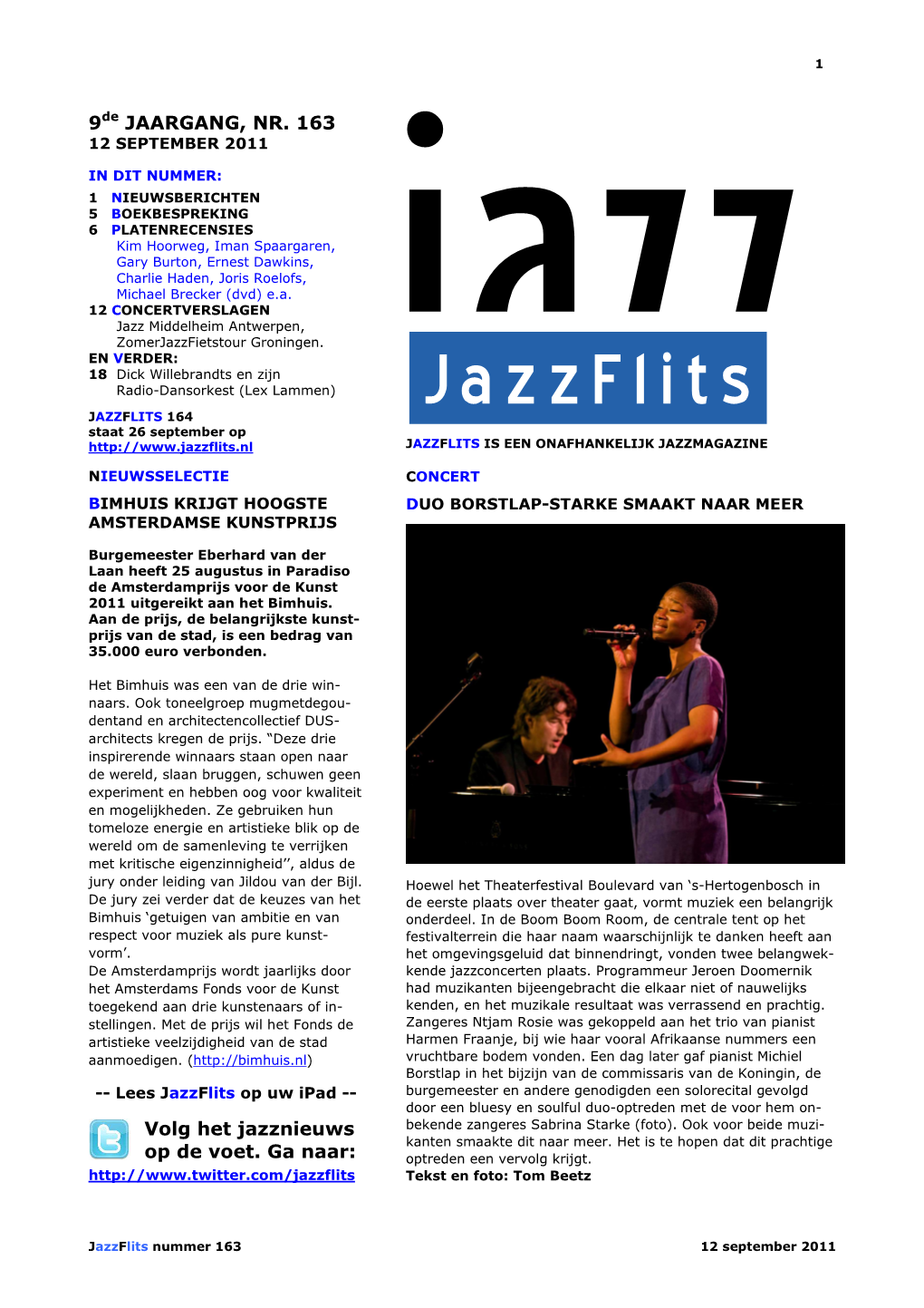 9De JAARGANG, NR. 163 Volg Het Jazznieuws Op De Voet. Ga Naar