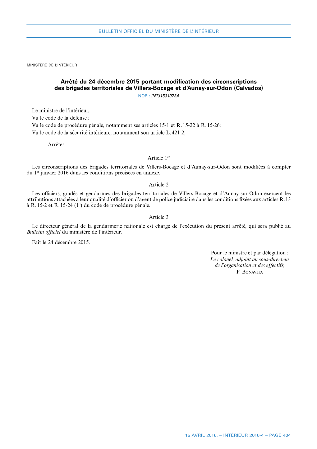 Arrêté Du 24 Décembre 2015 Portant Modification Des