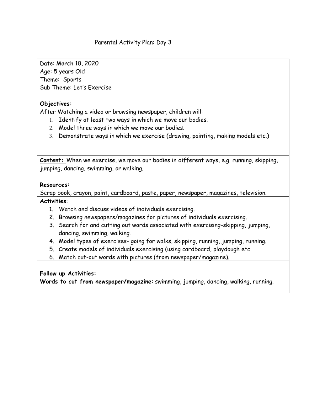 Parental Activity Plan: Day 3 Date: March 18, 2020 Age: 5 Years Old Theme: Sports Sub Theme: Let's Exercise Objectives: Afte