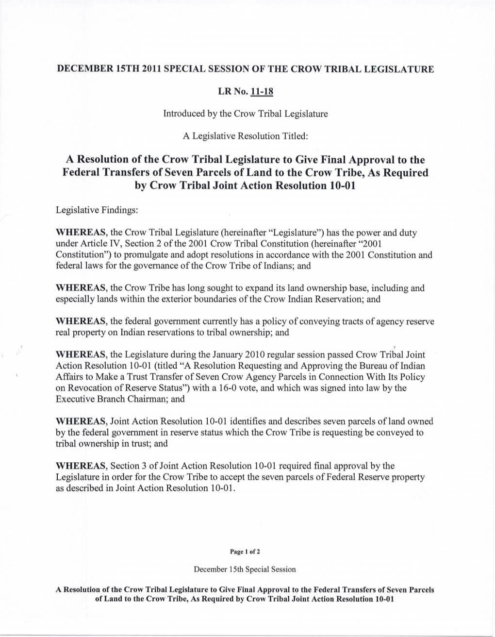 A Resolution of the Crow Tribal Legislature to Give Final Approval