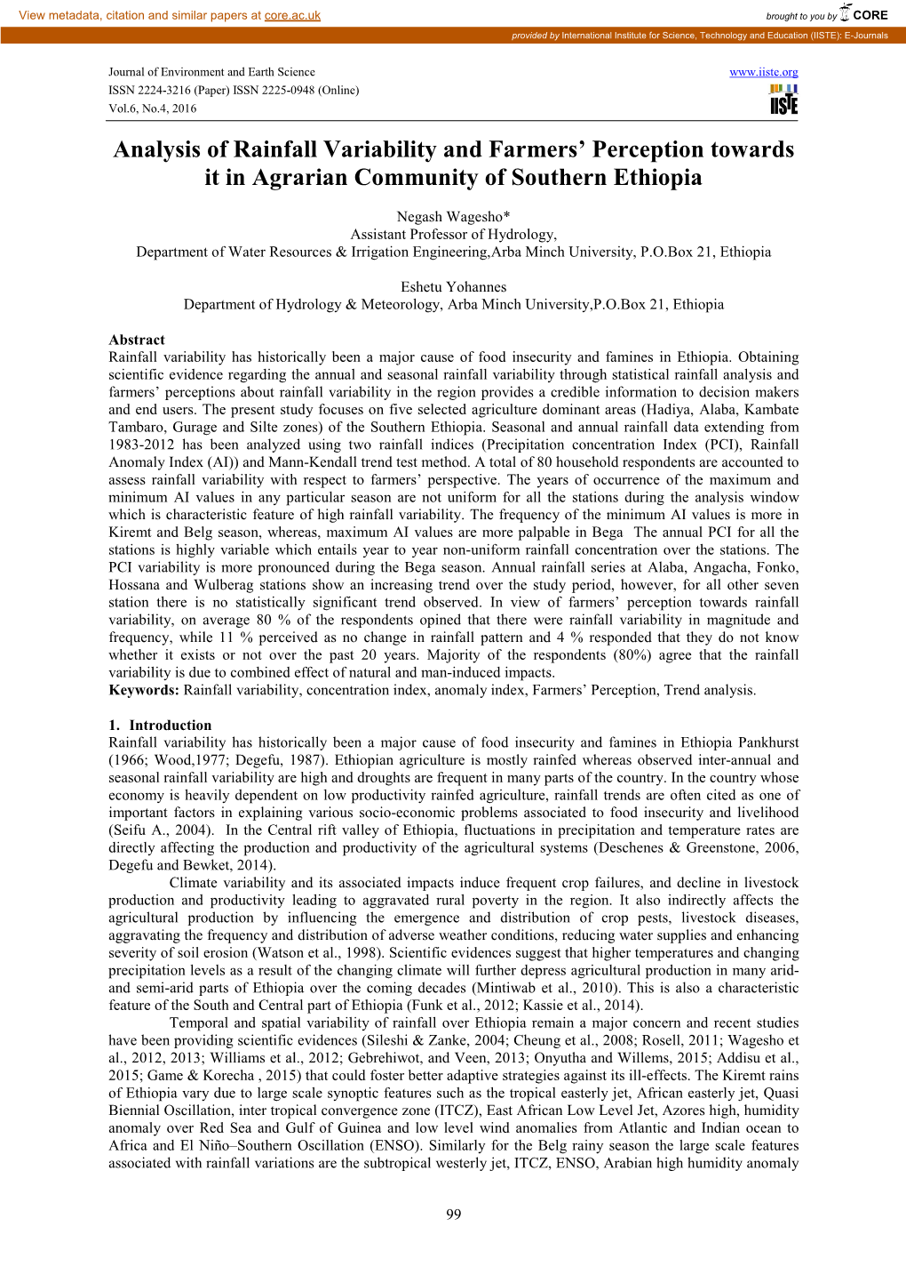 Analysis of Rainfall Variability and Farmers' Perception Towards It In