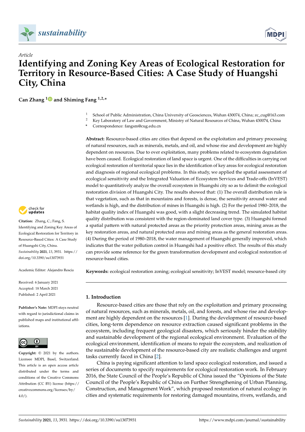 Identifying and Zoning Key Areas of Ecological Restoration for Territory in Resource-Based Cities: a Case Study of Huangshi City, China