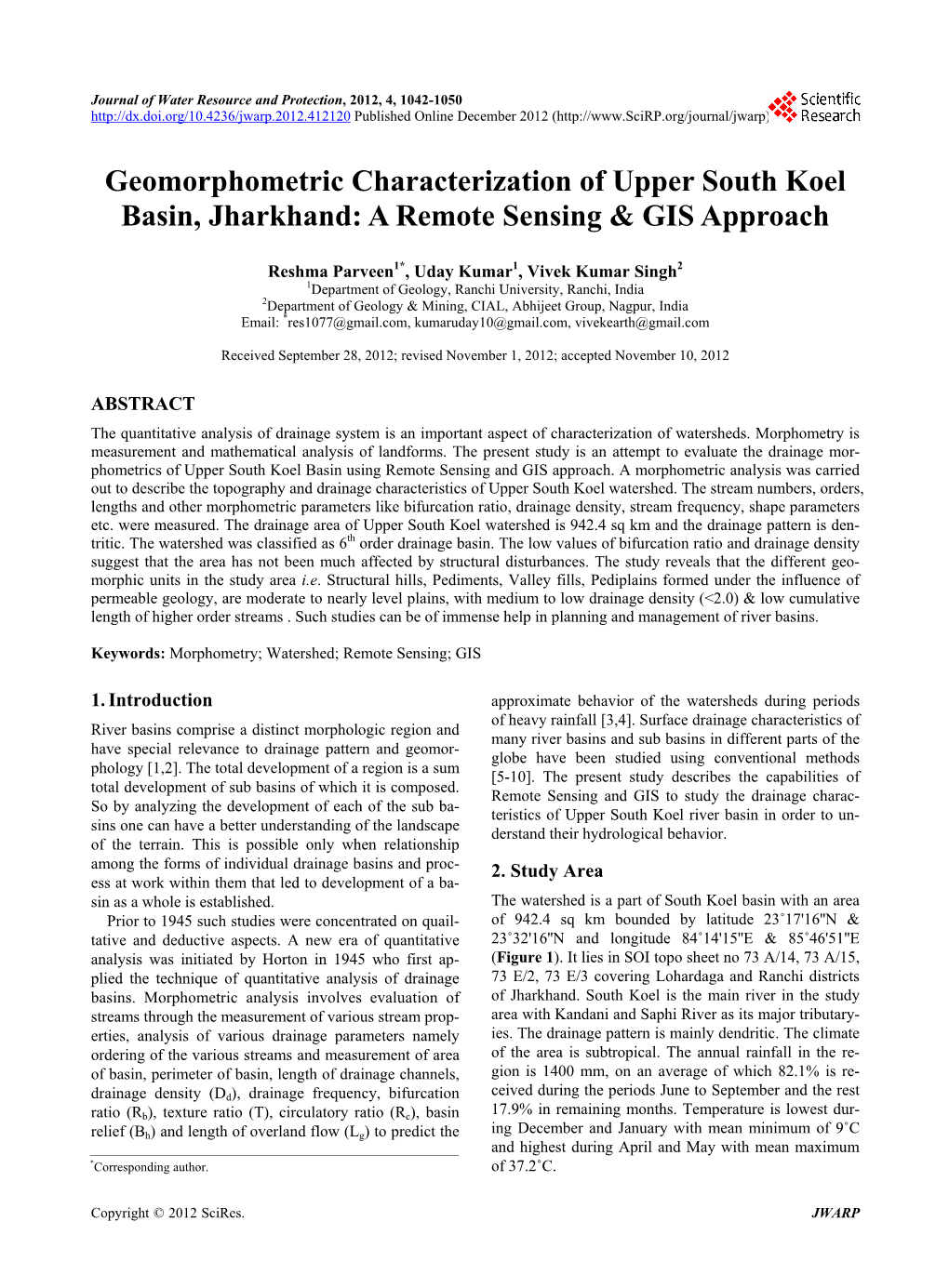 Geomorphometric Characterization of Upper South Koel Basin, Jharkhand: a Remote Sensing & GIS Approach