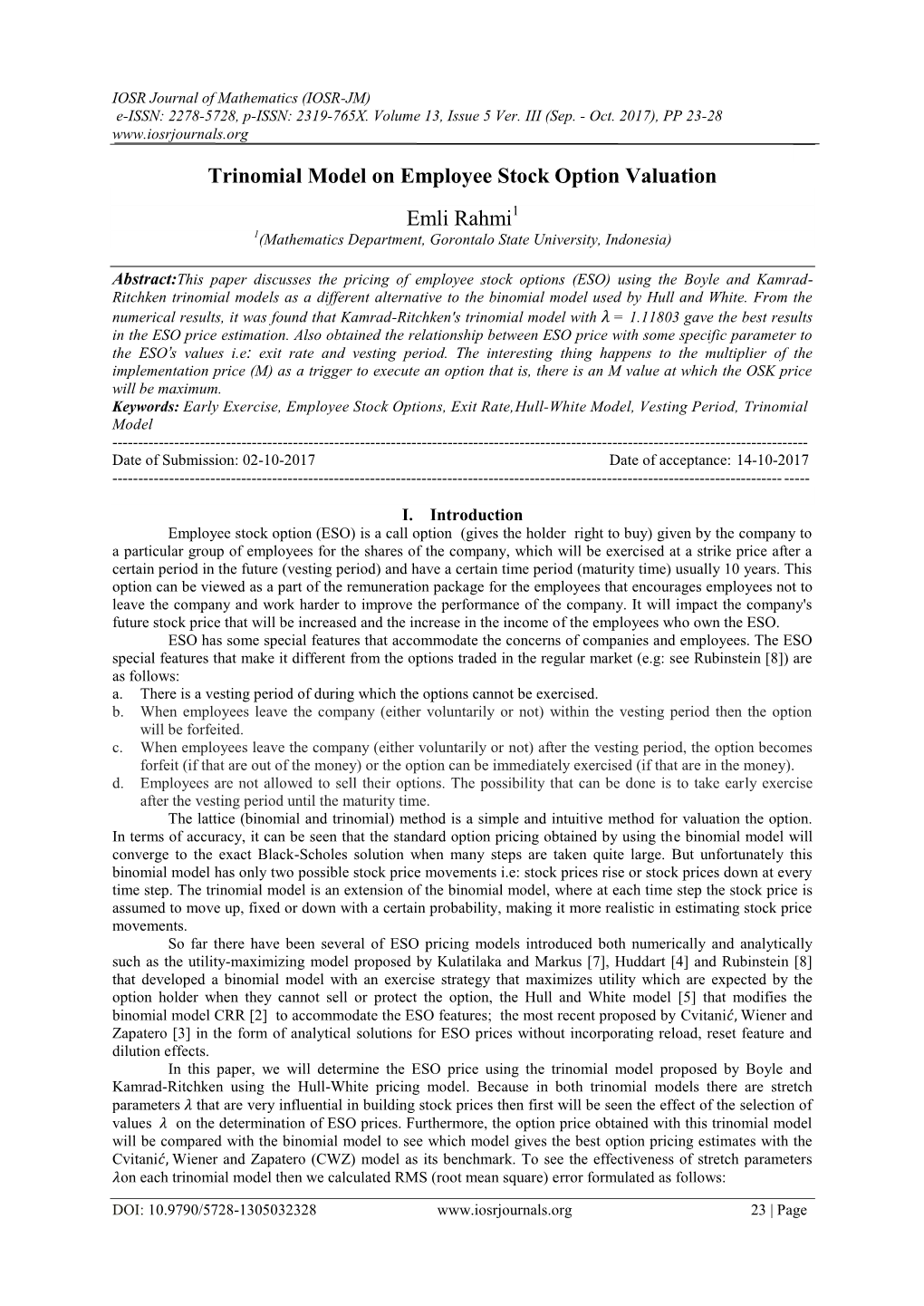 Trinomial Model on Employee Stock Option Valuation Emli Rahmi