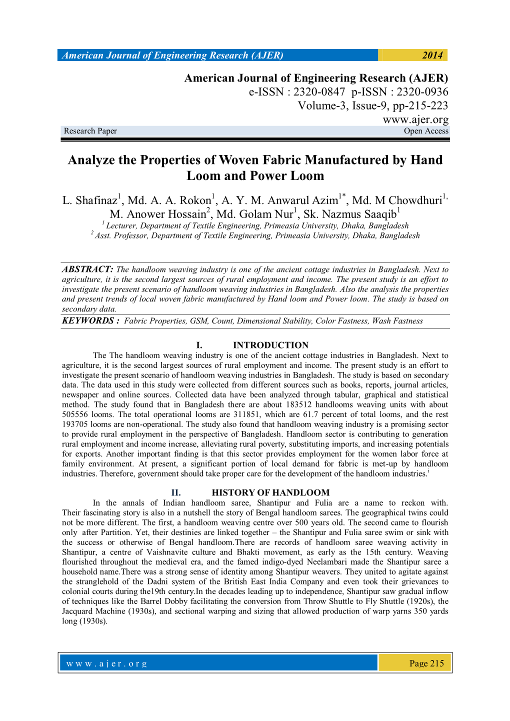 Analyze the Properties of Woven Fabric Manufactured by Hand Loom and Power Loom