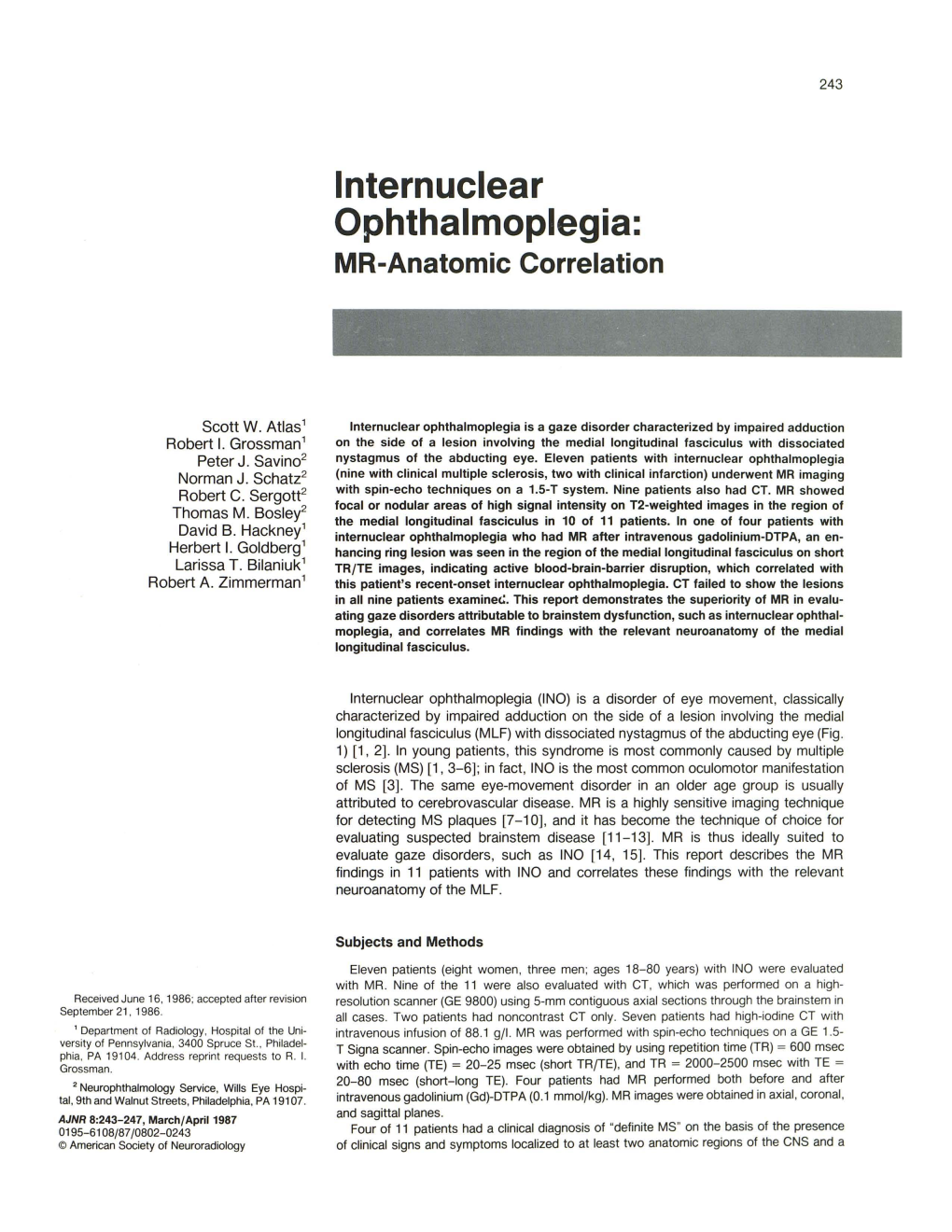 Internuclear Ophthalmoplegia: MR-Anatomic Correlation