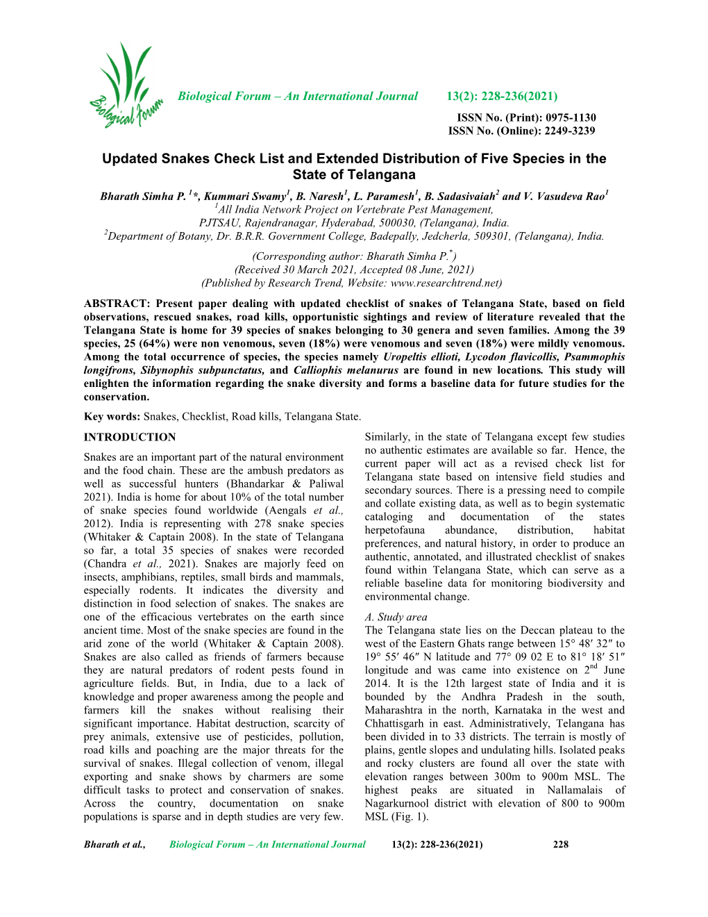 Updated Snakes Check List and Extended Distribution of Five Species in the State of Telangana Bharath Simha P