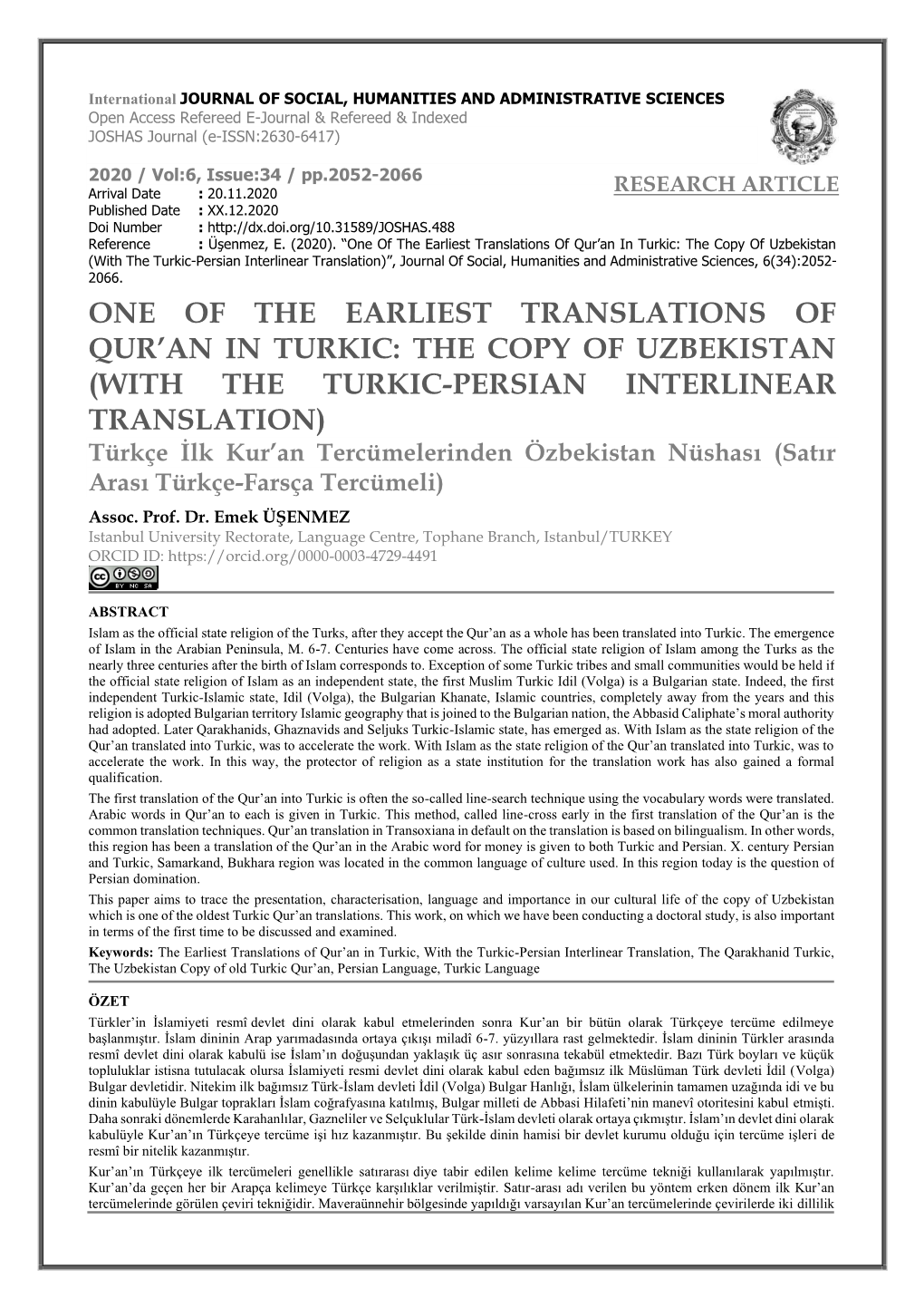 With the Turkic-Persian Interlinear Translation)”, Journal of Social, Humanities and Administrative Sciences, 6(34):2052- 2066