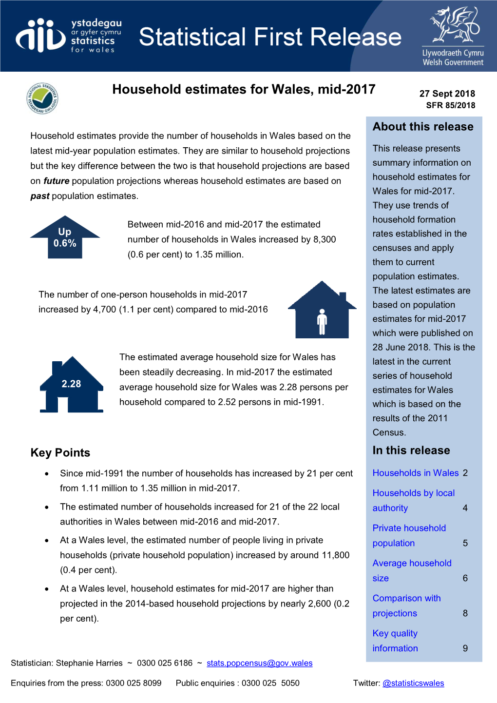 Household Estimates for Wales, Mid-2017 27 Sept 2018 SFR 85/2018
