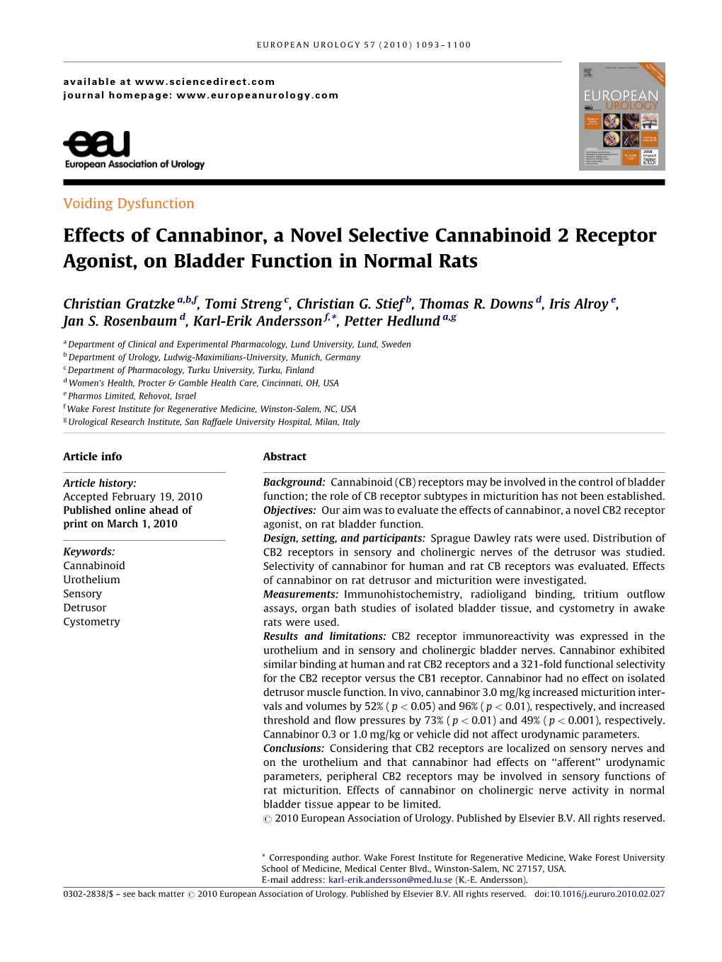 Effects of Cannabinor, a Novel Selective Cannabinoid 2 Receptor Agonist, on Bladder Function in Normal Rats