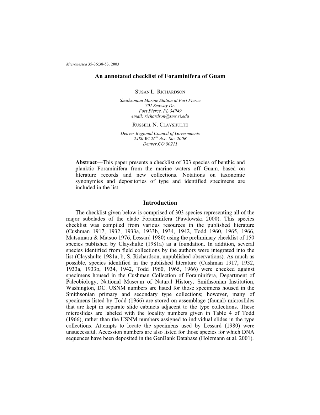 An Annotated Checklist of Foraminifera of Guam Introduction