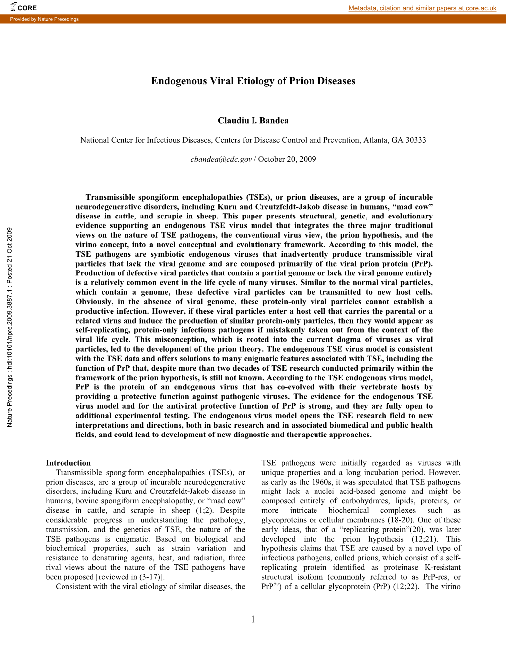 Endogenous Viral Etiology for Prion Diseases