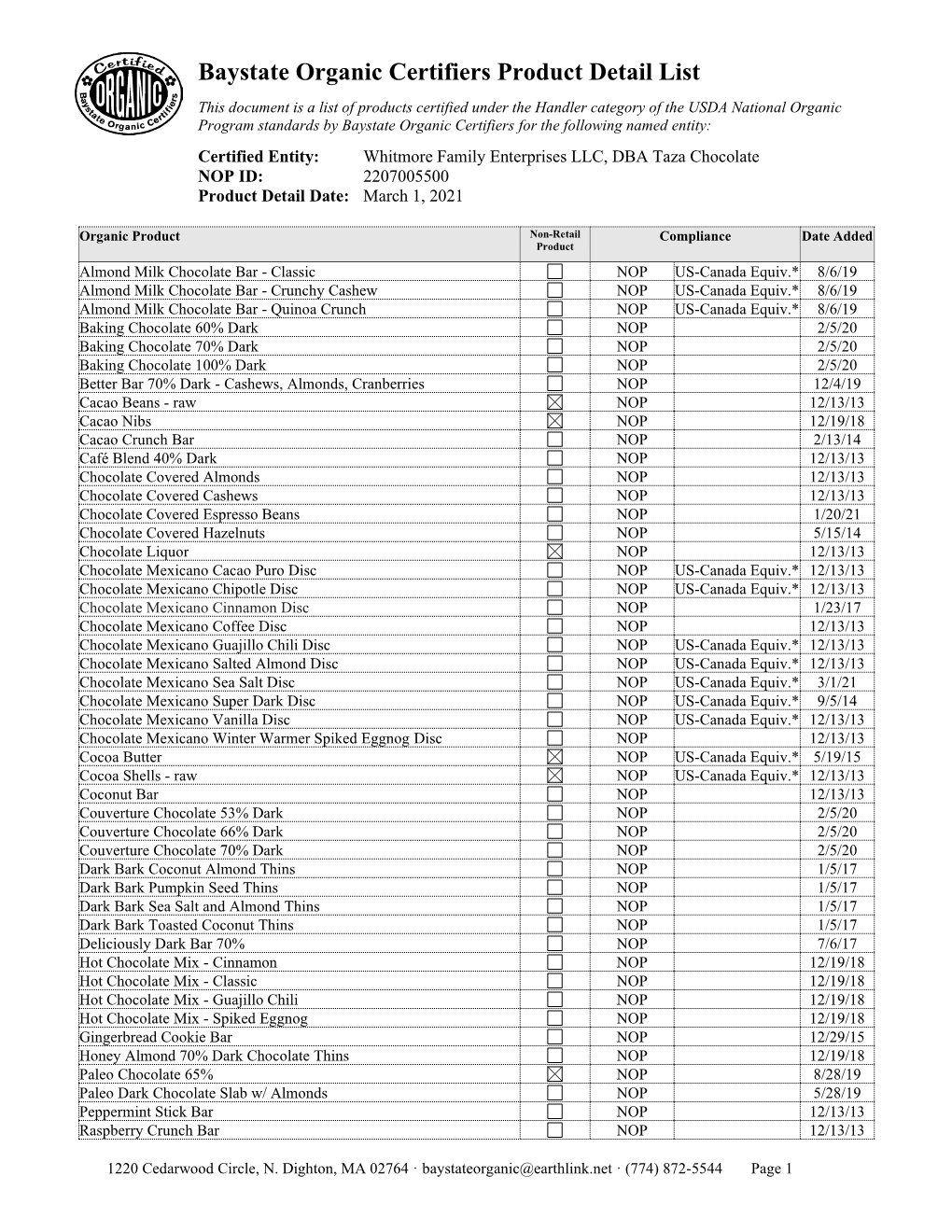 Baystate Organic Certifiers Product Detail List