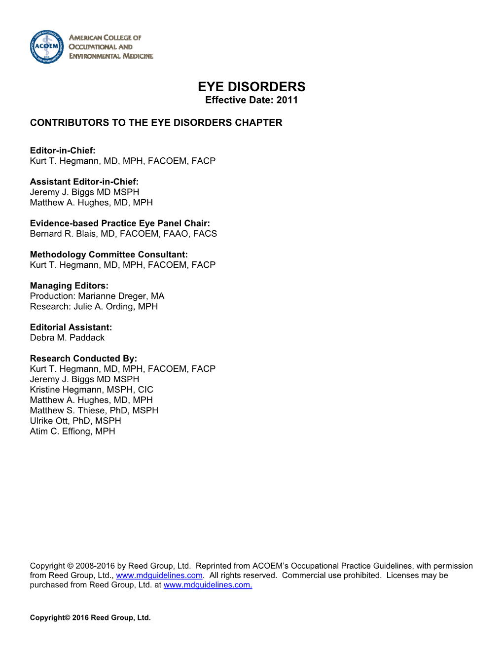 EYE DISORDERS Effective Date: 2011