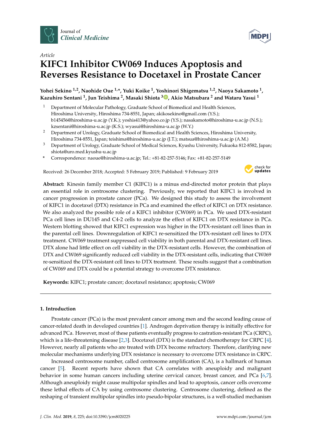 KIFC1 Inhibitor CW069 Induces Apoptosis and Reverses Resistance to Docetaxel in Prostate Cancer