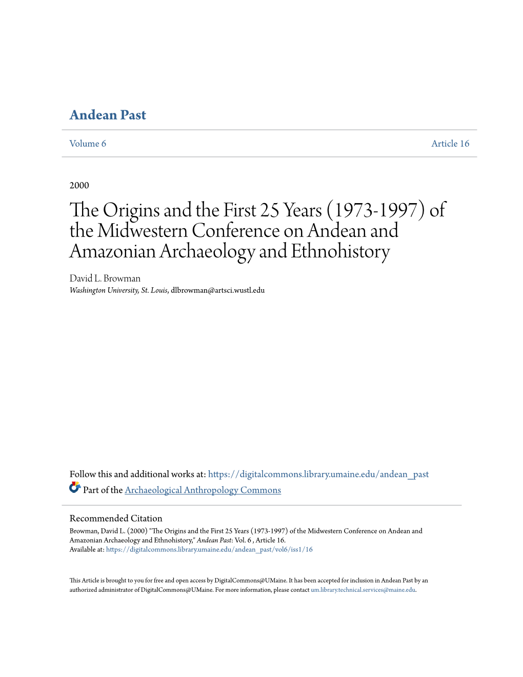 Of the Midwestern Conference on Andean and Amazonian Archaeology and Ethnohistory David L