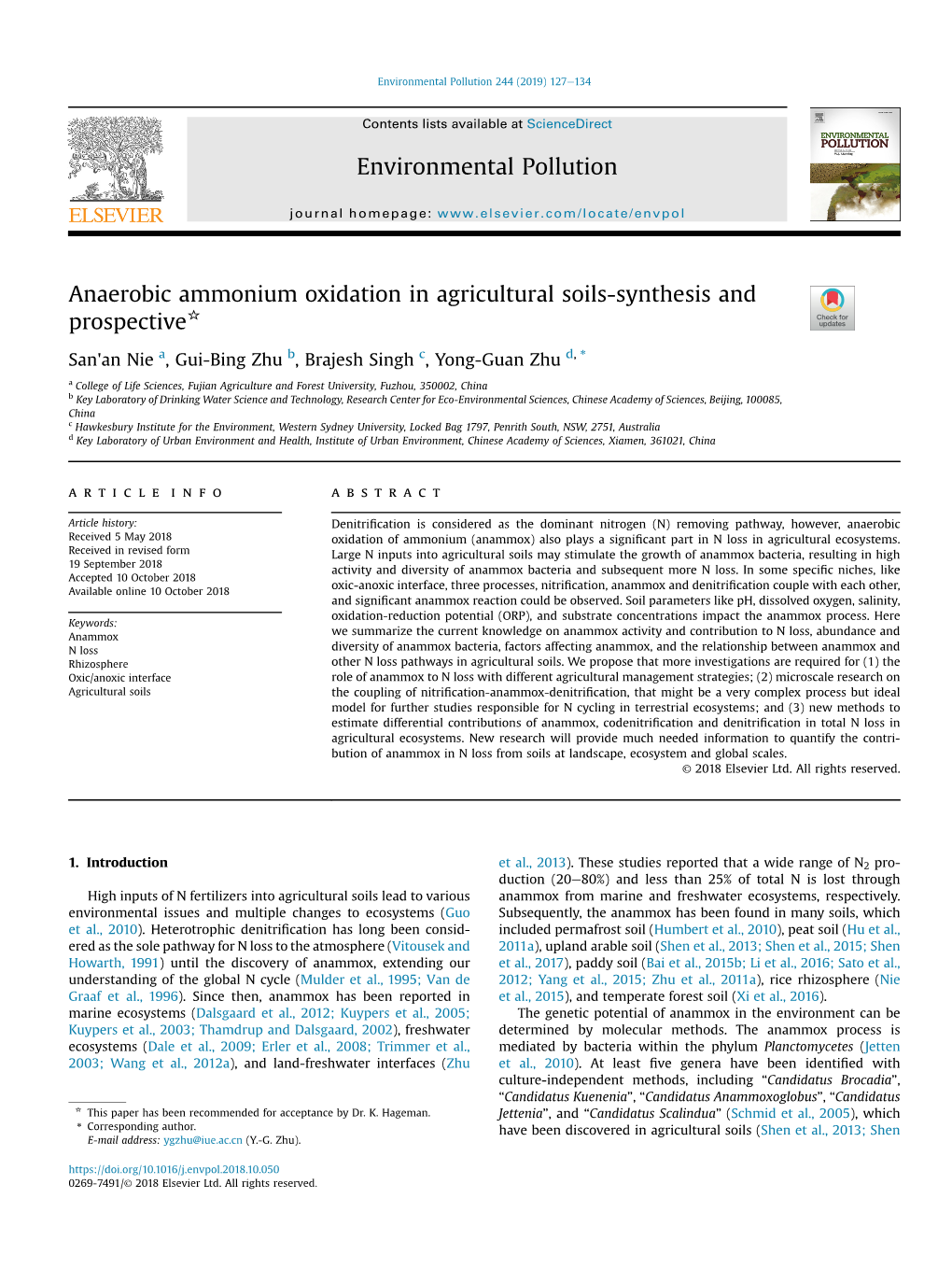 Anaerobic Ammonium Oxidation in Agricultural Soils-Synthesis and Prospective*