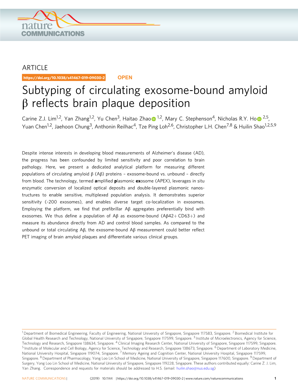 Subtyping of Circulating Exosome-Bound Amyloid Î² Reflects