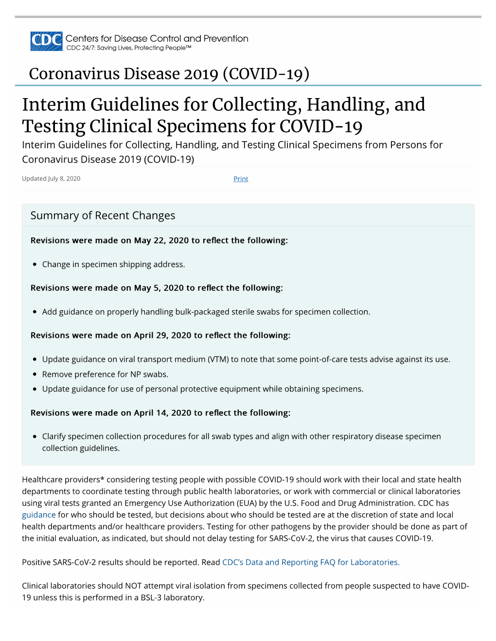 Interim Guidelines for Clinical Specimens for COVID-19 |