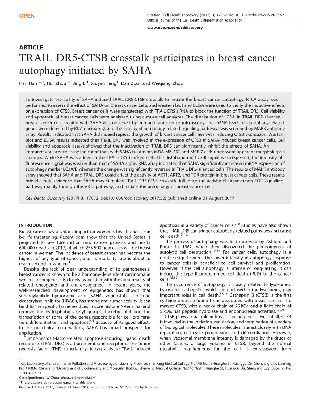 TRAIL DR5-CTSB Crosstalk Participates in Breast Cancer Autophagy Initiated by SAHA