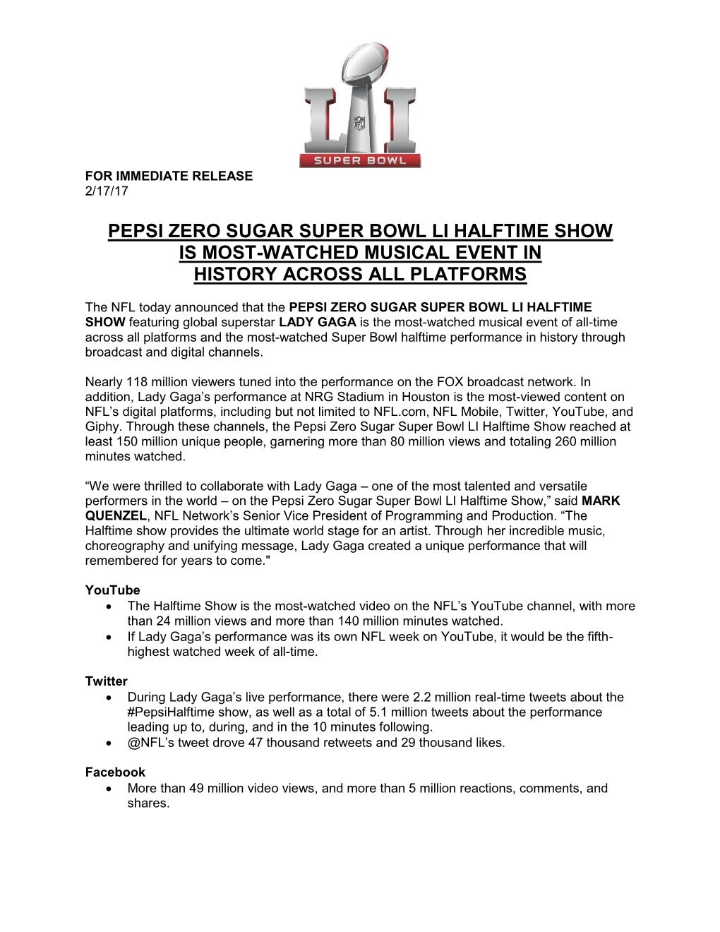 Pepsi Zero Sugar Super Bowl Li Halftime Show Is Most-Watched Musical Event in History Across All Platforms