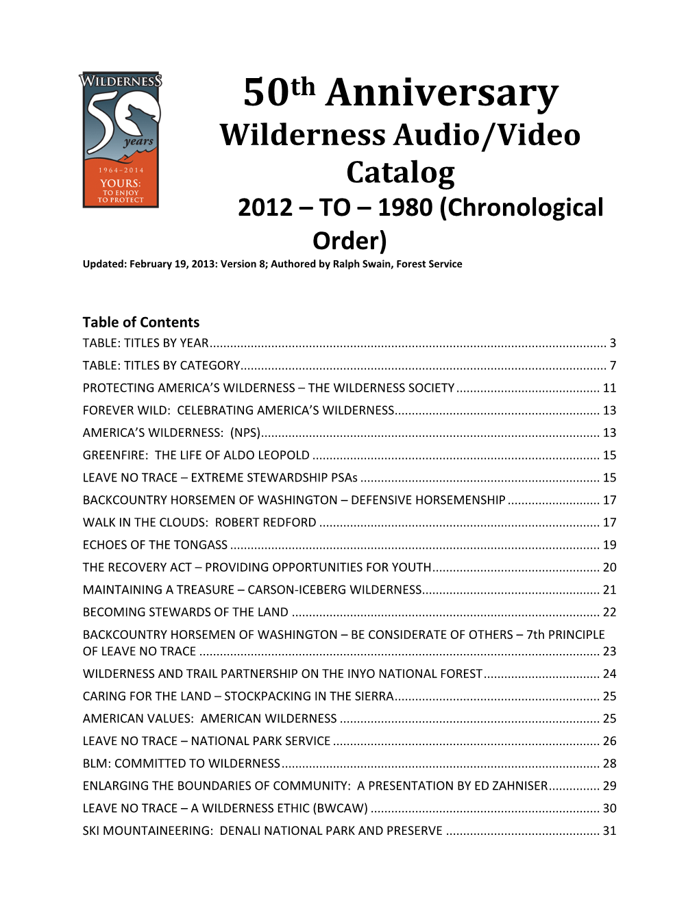 50Th Anniversary of the Wilderness Act Audio/Video Catalog