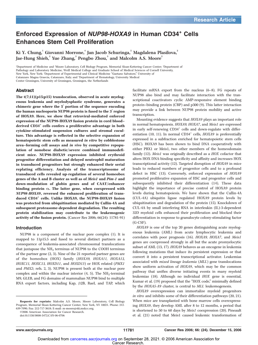 Enforced Expression of NUP98-HOXA9 in Human CD34 Cells Enhances Stem Cell Proliferation