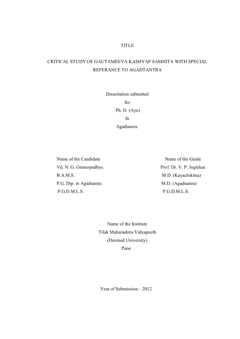 Title Critical Study of Gautameeya Kashyap