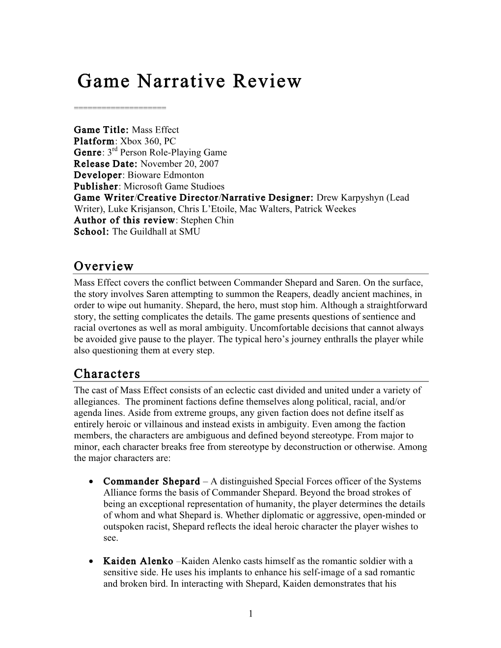 Game Narrative Review