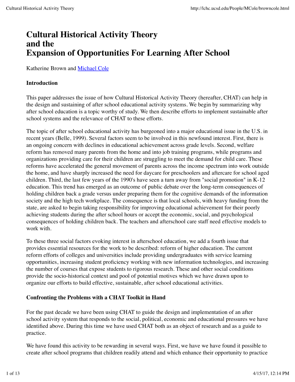 Cultural Historical Activity Theory and the Expansion of Opportunities for Learning After School