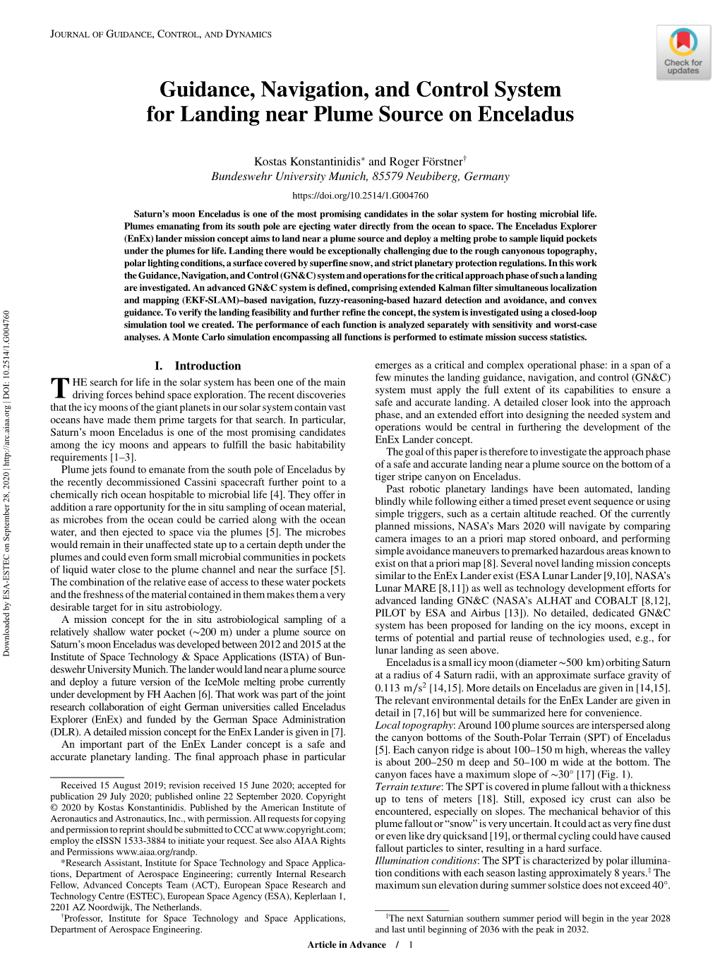 Guidance, Navigation, and Control System for Landing Near Plume Source on Enceladus