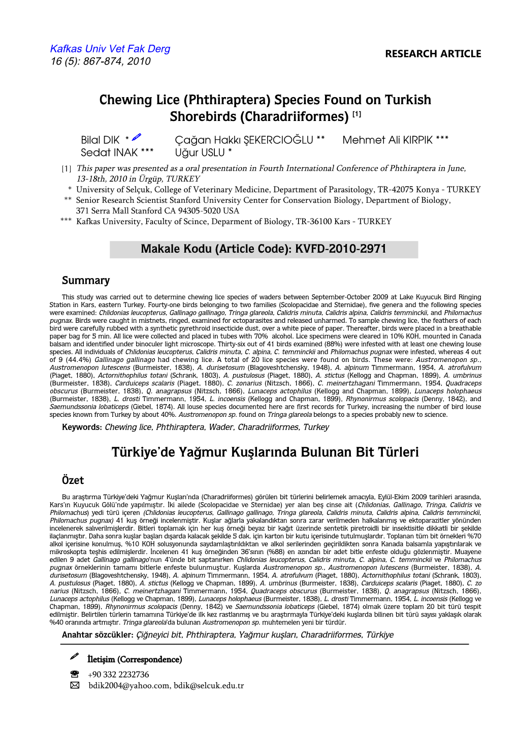 Chewing Lice (Phthiraptera) Species Found on Turkish Shorebirds (Charadriiformes) [1]