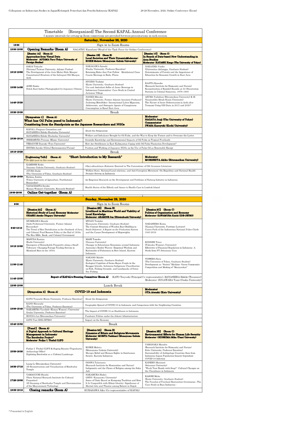 Timetable [Reorganized] the Second KAPAL Annual Conference 5 Minute Intervals for Setting up Zoom Connections Are Provided Between Presentations in Each Session