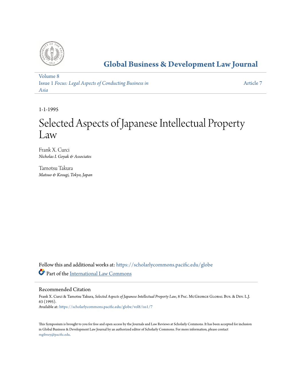 Selected Aspects of Japanese Intellectual Property Law Frank X