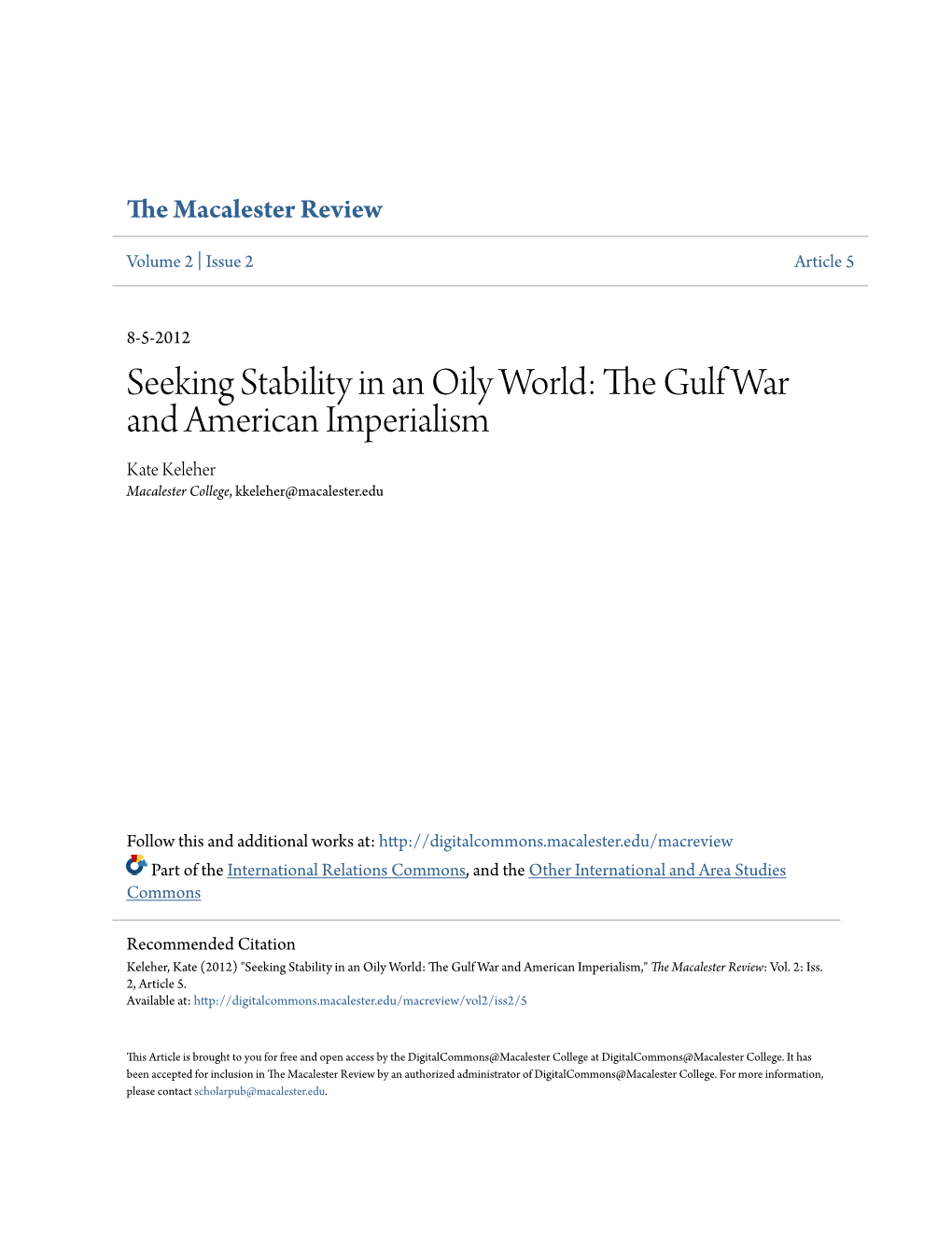 Seeking Stability in an Oily World: the Gulf War and American Imperialism