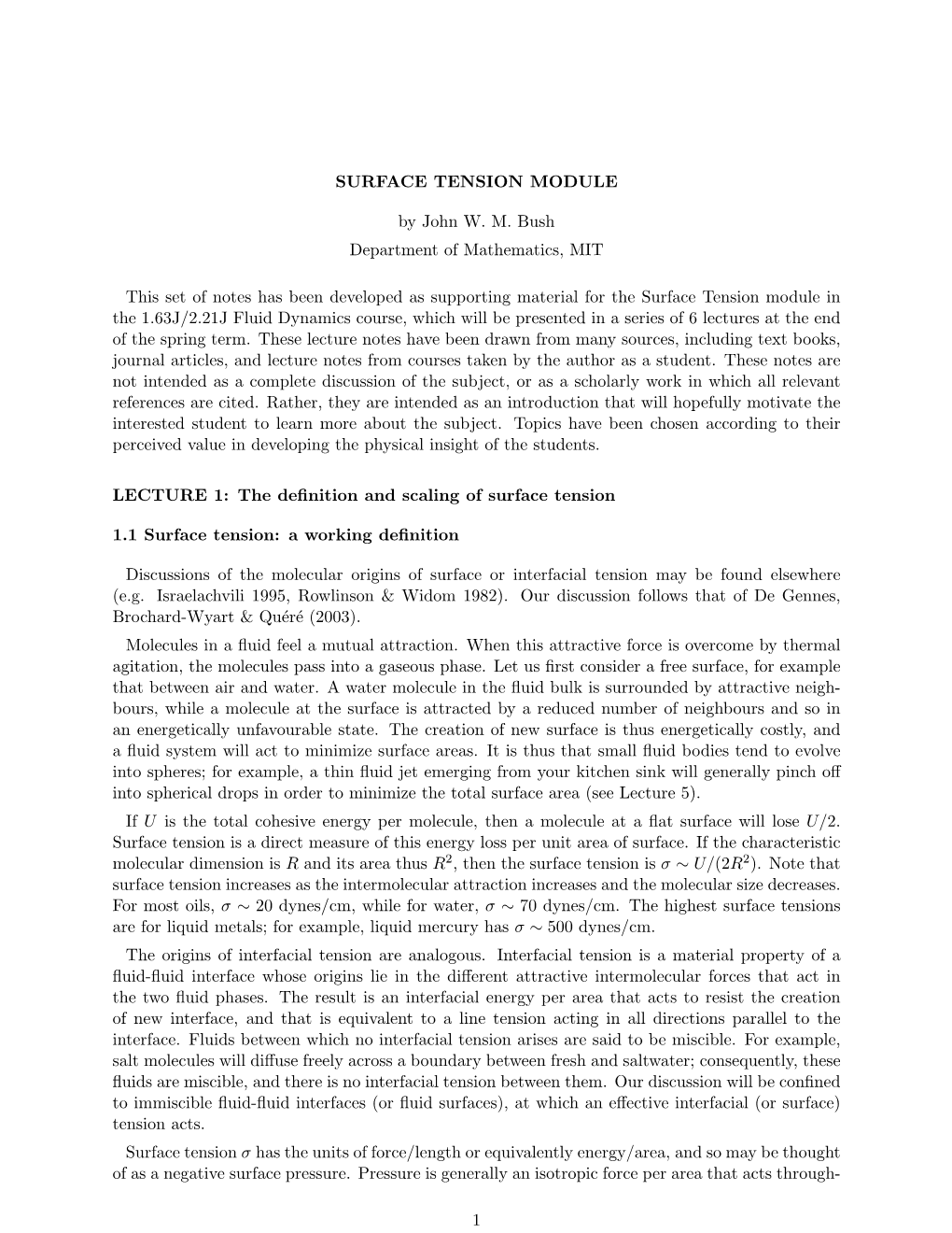 MIT Lecture Notes on Surface Tension, Lecture 1