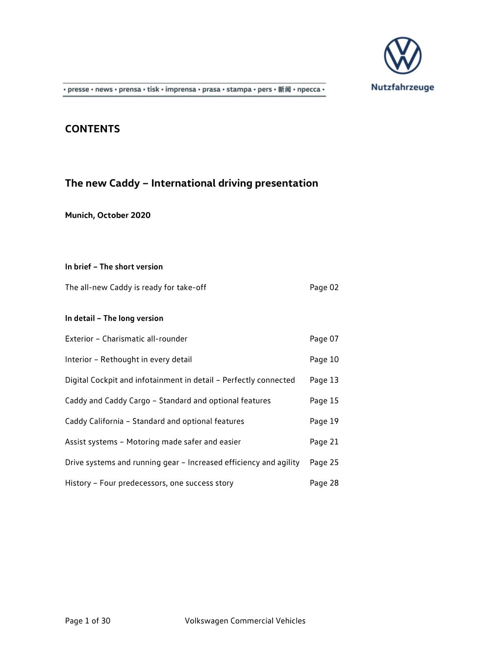 CONTENTS the New Caddy – International Driving Presentation