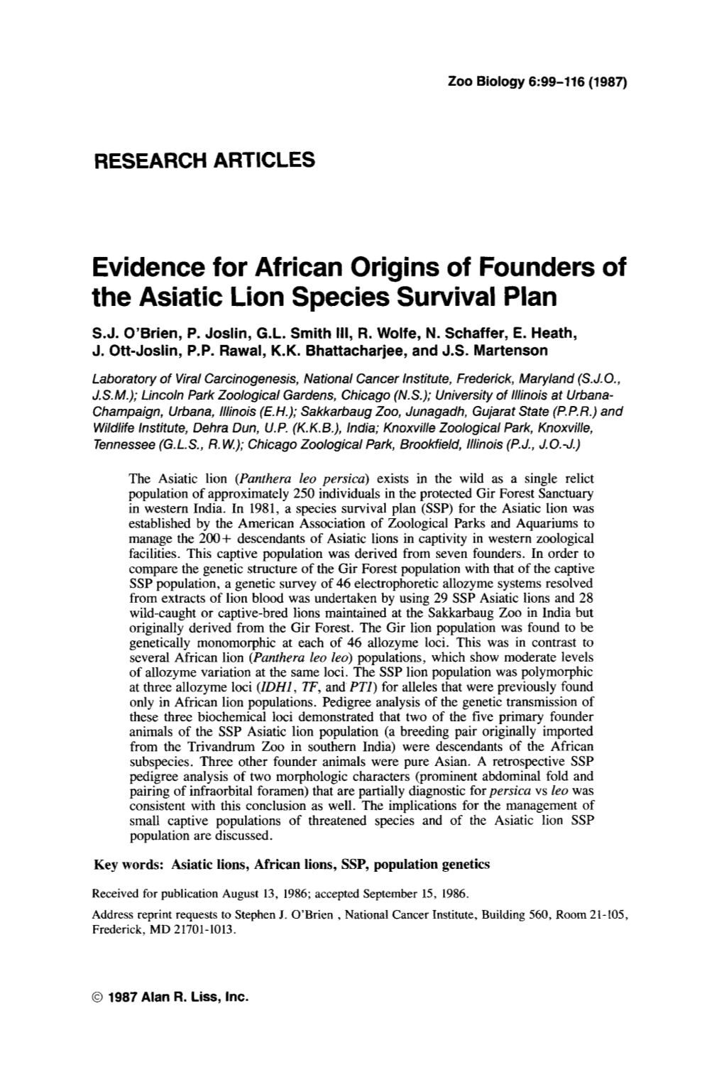 1987 Evidence for African Origins of Founders of the Asiatic Lion Species Survival Plan