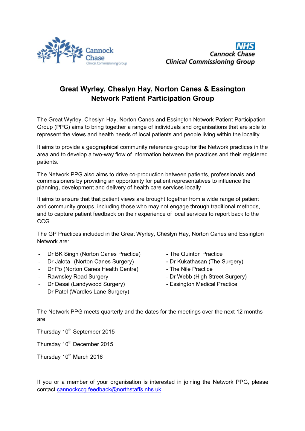Great Wyrley, Cheslyn Hay, Norton Canes & Essington Network Patient