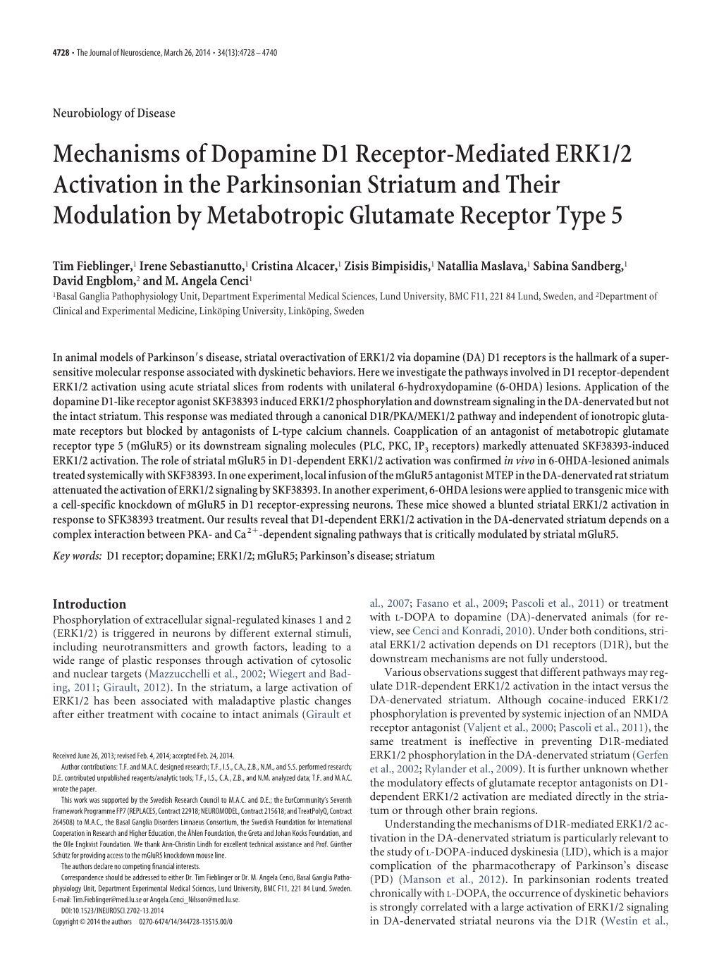 Mechanisms of Dopamine D1 Receptor-Mediated ERK1/2 Activation in the Parkinsonian Striatum and Their Modulation by Metabotropic Glutamate Receptor Type 5