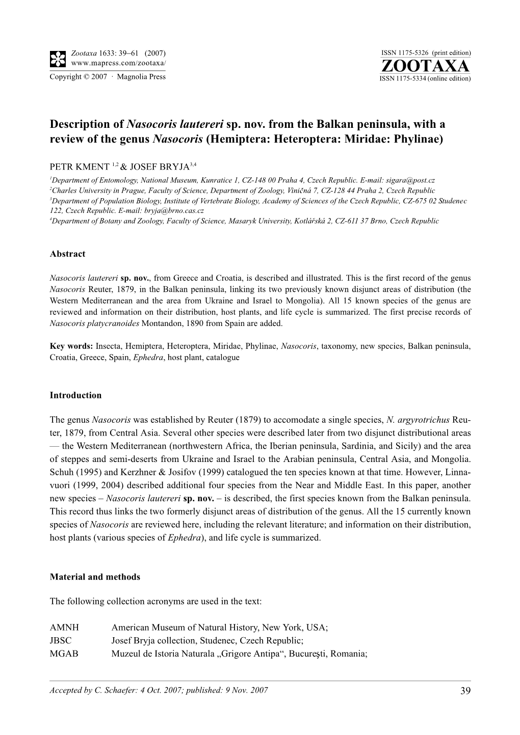 Zootaxa,Description of Nasocoris Lautereri Sp. Nov. from the Balkan