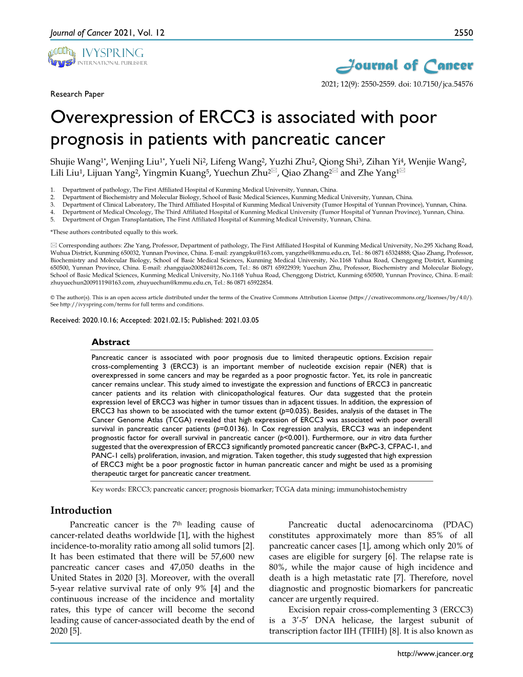 Overexpression of ERCC3 Is Associated with Poor Prognosis In