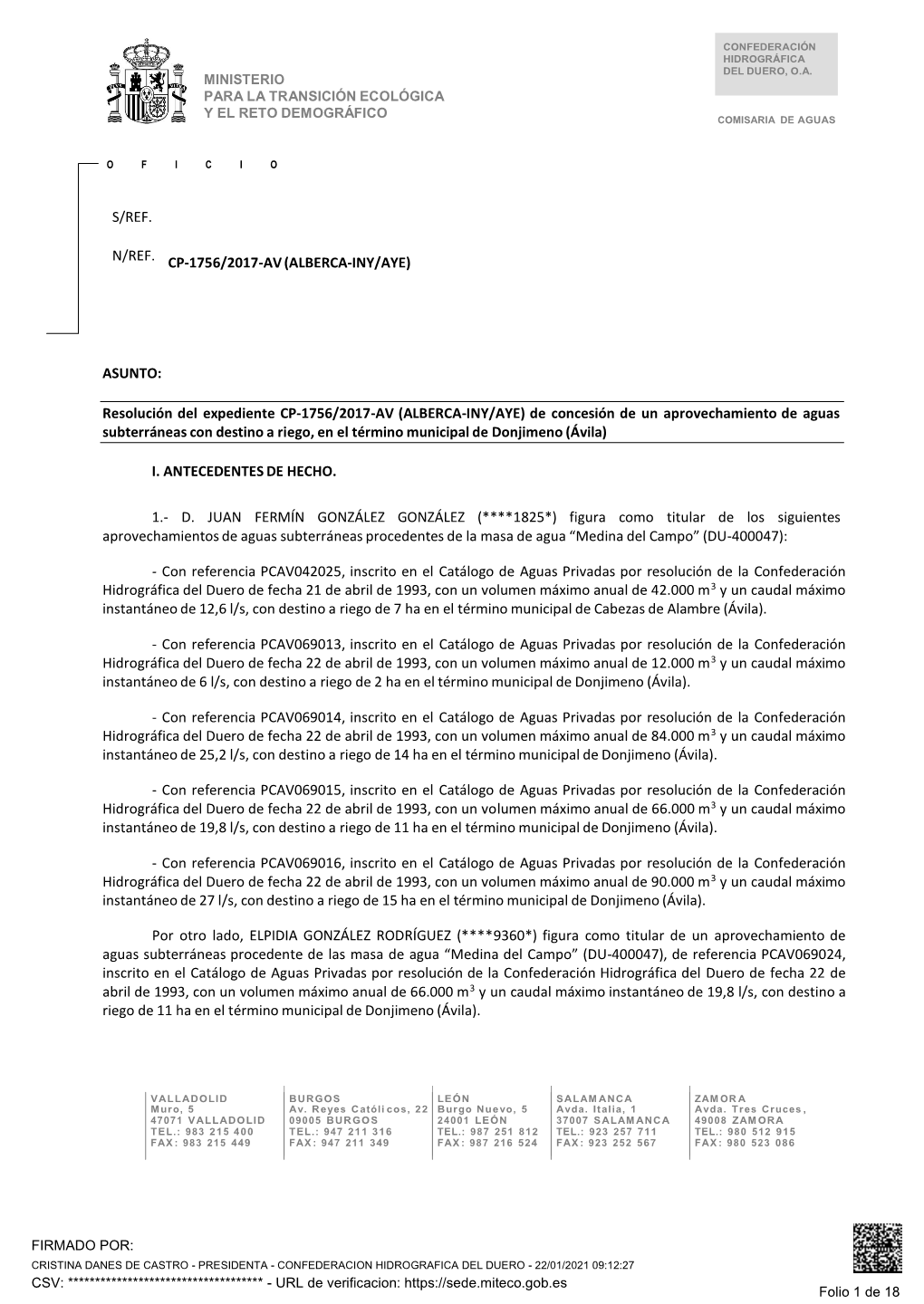 Resolución Del Expediente CP-1756/2017-AV (ALBERCA-INY