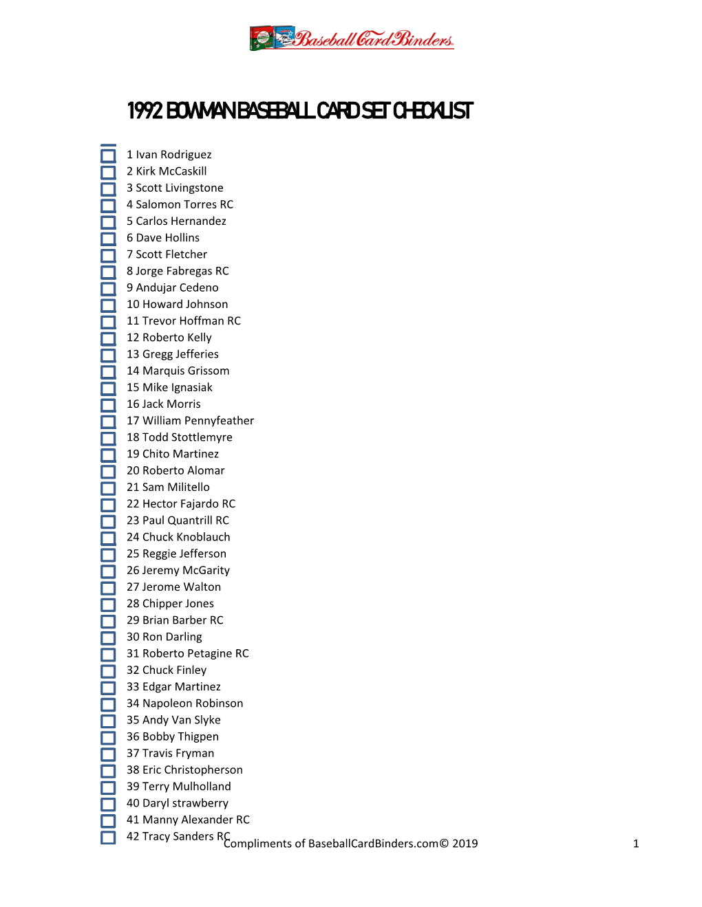 1992 Bowman Baseball Card Set Checklist