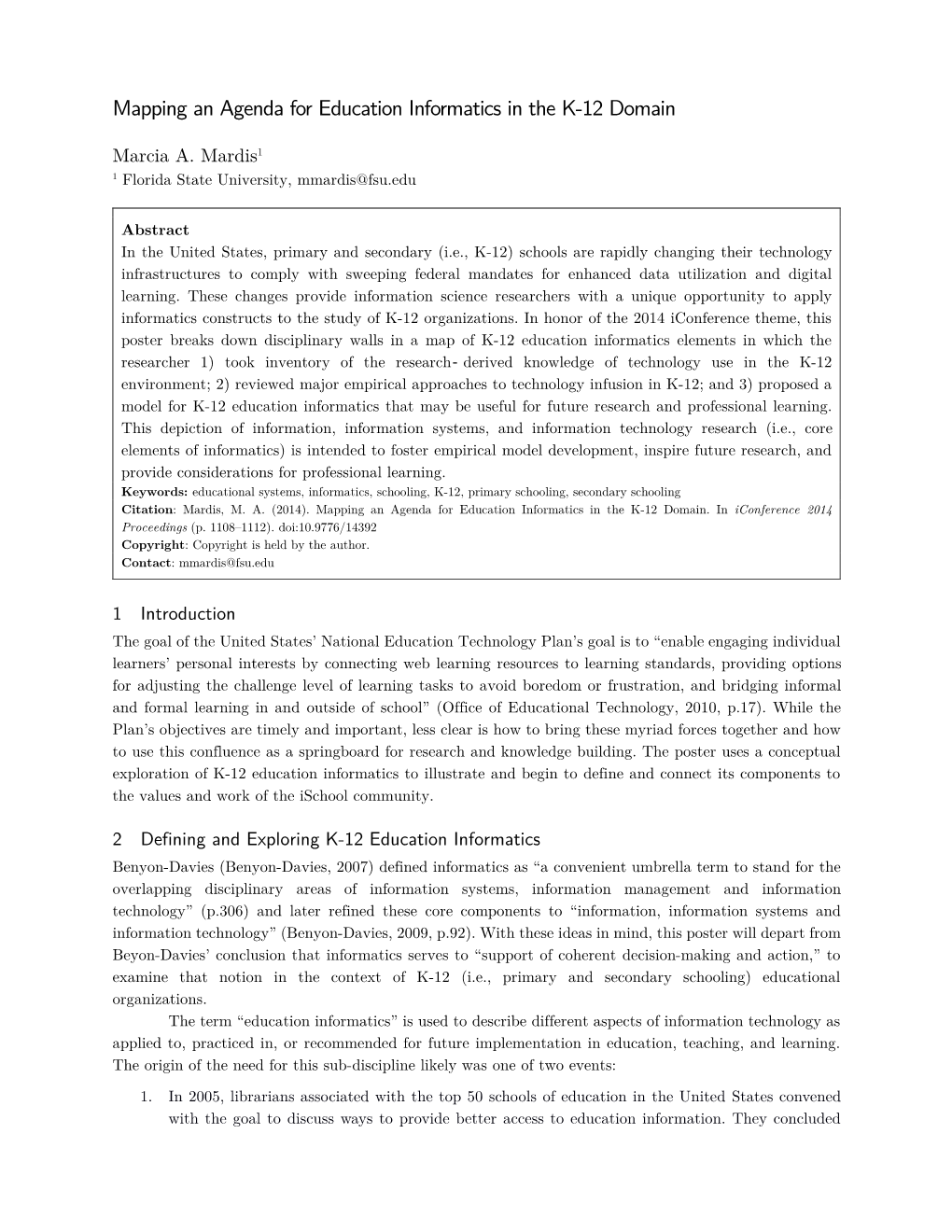 Mapping an Agenda for Education Informatics in the K-12 Domain