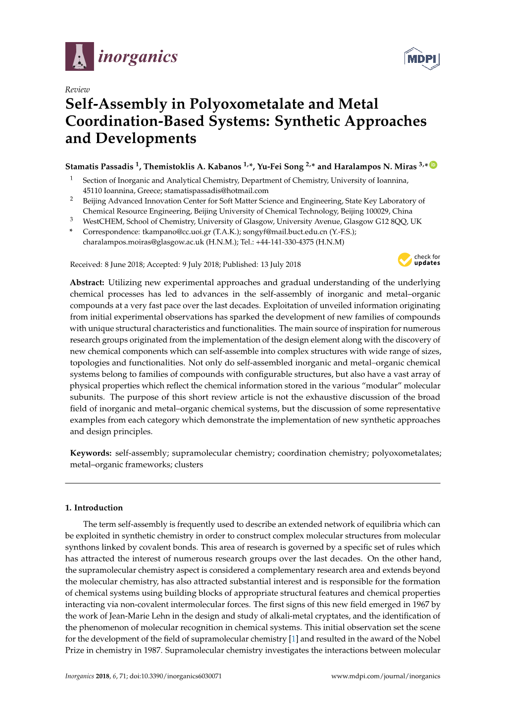 Self-Assembly in Polyoxometalate and Metal Coordination-Based Systems: Synthetic Approaches and Developments