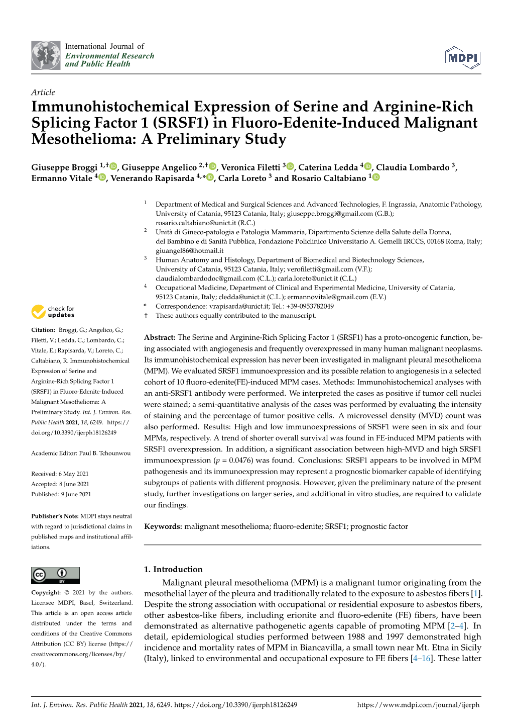 (SRSF1) in Fluoro-Edenite-Induced Malignant Mesothelioma: a Preliminary Study