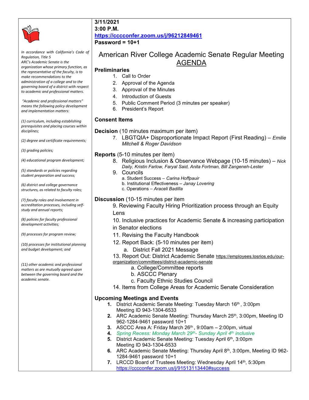 American River College Academic Senate Regular Meeting AGENDA