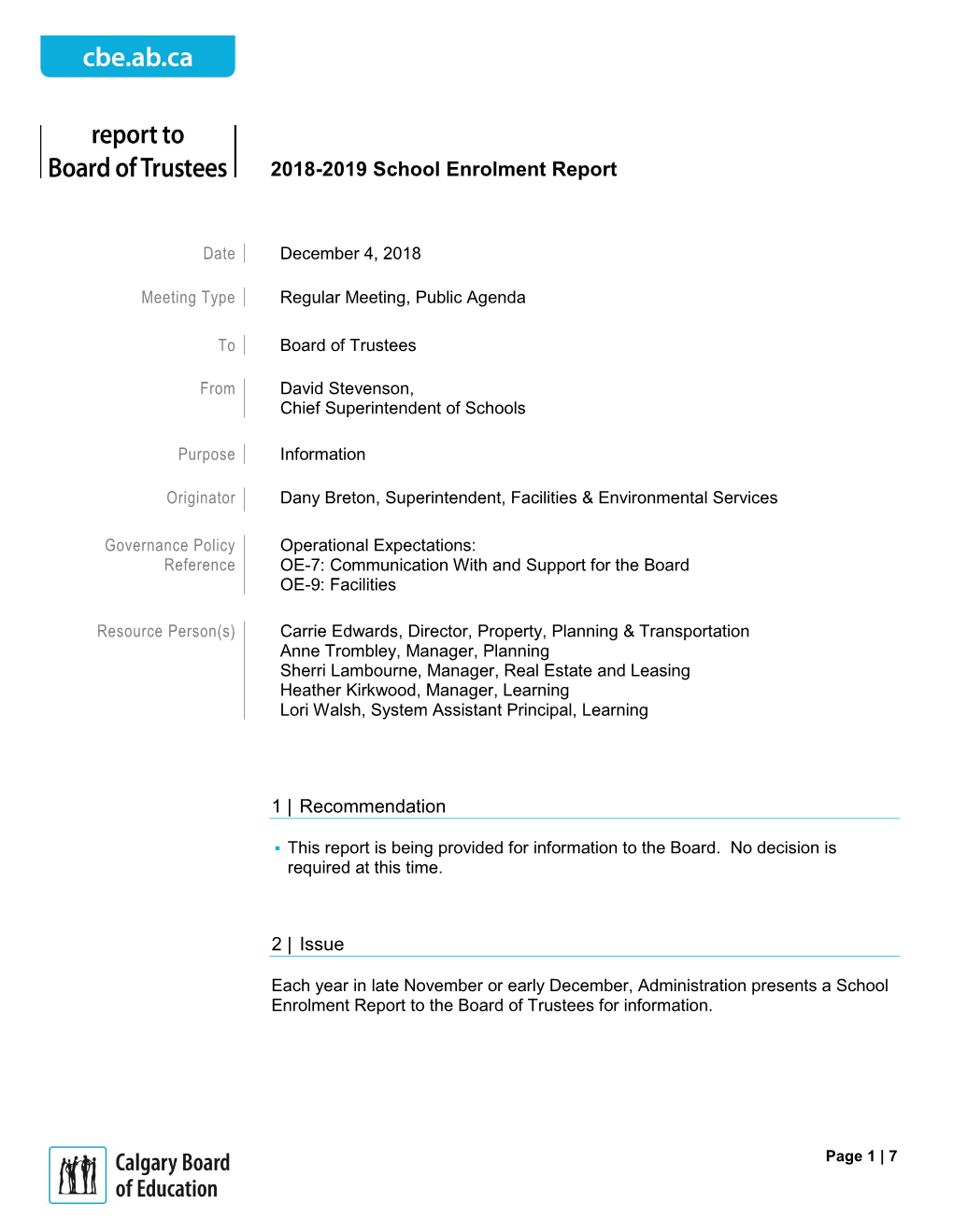 2018-2019 School Enrolment Report